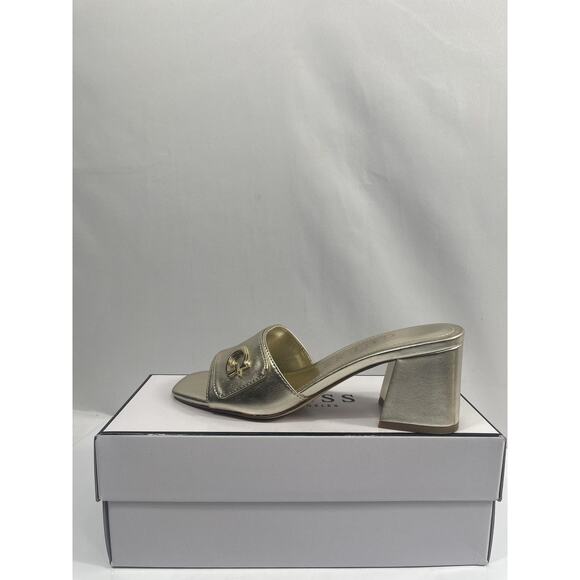 Guess Shoes Women's Size 7 Gold GwGALLAI2 Logo Block Heel Slide Sandals Box - Picture 13 of 16